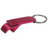 A bottle opener keychain in a vibrant red colour with a metal keyring attachment.