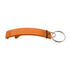 An orange keyring bottle opener with a metal ring for attachment.