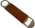 A bottle opener with a metallic finish and a brown leather grip, featuring two openings at either end.