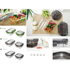 A green, dark brown, and coal grey lunch box set with locking lids and a soup container, featuring colourful food items.