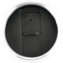 A drink lid for a coffee mug in black plastic with a sliding opening mechanism and a silver rim.