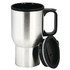 A stainless steel coffee mug with a black handle and lid. It features a sleek, modern design and has a logo.