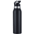 A drink bottle in black with a silver band and a flip-top straw, featuring a logo on the body.