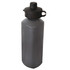A drink bottle in grey with a black lid and handle, featuring a simple design and branding.