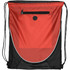 A red and black drawstring backpack featuring a zippered pocket and a mesh panel, with a logo on the front.