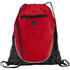 A red drawstring backpack with a black base and mesh side pockets, featuring a zippered exterior pocket and a logo.