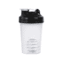 A drink bottle in clear plastic with a black flip-top lid and a branding logo. Features measurement markings on the side.