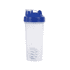 A drink bottle with a transparent body and a blue lid, featuring a mixing whisk inside.