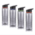 A drink bottle set featuring four clear bottles with black lids and coloured accents: red, blue, green, and orange.