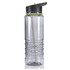 A drink bottle in clear plastic with a black and green lid, featuring a straw and a ribbed design.
