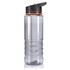 A drink bottle in clear plastic with a black lid and orange accent, featuring a built-in straw and ribbed design.