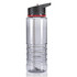 A drink bottle in clear plastic with black and red accents, featuring a removable straw and a secure lid.