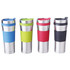A drink bottle set featuring four stainless steel tumblers in blue, green, red, and black with rubber grips.