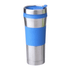 A drink bottle with a stainless steel body, featuring a blue silicone grip and lid.
