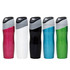 A drink bottle in pink, white, black, blue, and green, featuring a grey lid and a logo.