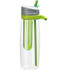 A drink bottle in clear plastic with a grey lid and green infuser and straw. Features a logo on the side.