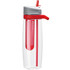 A drink bottle in clear plastic with red accents, featuring a straw and a fruit infuser inside.