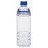 A drink bottle in clear plastic with a blue cap and ribbed body design. It features a logo on the side.