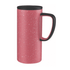 A travel mug in a pink speckled design with a black handle and lid, featuring a logo.