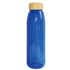 A drink bottle in vibrant blue with a bamboo lid. It features a sleek, modern design and has a logo.