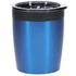A blue coffee mug with a black lid and a sleek, modern design. It features a logo on the surface.