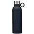 A drink bottle in navy blue with a stainless steel lid and a round handle on the side. Features a logo.