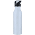 A drink bottle with a black lid and a transparent white body, featuring a logo on the side.