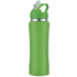 A drink bottle in vibrant green with a flip-top lid and a built-in straw. It features a metal band near the top.