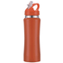 A drink bottle in vibrant orange with a silver band and a straw top, featuring a logo.