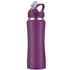 A drink bottle in a vibrant purple colour features a flip-top lid and a built-in straw. It has a logo on it.
