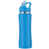 A drink bottle in bright blue with a silver base and a straw lid, featuring a logo on the cap.