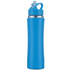 A drink bottle in a vibrant blue colour with a silver band and a flip-top straw. It features a logo.