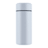 A drink bottle in pale blue with a sleek, cylindrical design and a black accent near the top.
