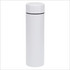 A white thermo drink bottle with a smooth finish and a black accent band near the top, featuring a logo.