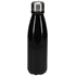 A drink bottle in sleek black with a stainless steel cap and a streamlined design.