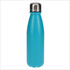 A drink bottle in a vibrant aqua blue with a stainless steel lid and a sleek, smooth design.