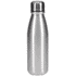 A drink bottle in silver stainless steel with a tapered design and a screw-top lid. It features a logo.