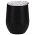 A drink bottle in matte black with a clear lid and a rounded shape. It features a logo.