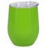 A drink bottle in vibrant green with a clear lid and a smooth, rounded shape. It features a branding logo.