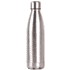 A drink bottle in a sleek stainless steel finish with a rounded top and a textured bottom. It features a logo.