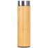 A drink bottle in a bamboo design with a stainless steel top and base, featuring a logo on the side.