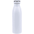 A drink bottle in sleek white with a metallic silver screw-on lid. It features a logo.