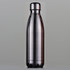 A drink bottle in a sleek, metallic silver finish with a rounded top and a narrow neck. It features a logo.