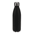 A drink bottle in matte black with a stainless steel cap. It features a sleek, curved design and a branding logo.