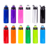 A drink bottle collection featuring vibrant colours: purple, pink, white, silver, black, red, yellow, green, and blue. Each has a logo.