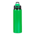 A green drink bottle with a black lid and handle, featuring a logo on the side.