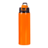 An orange drink bottle with a black lid and carrying handle, featuring a logo on the side.