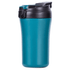 A drink bottle in teal with a black lid, featuring a secure opening mechanism. It has a logo on the side.