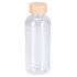 A drink bottle with a clear body and a peach-coloured lid. It features branding on the bottle.