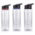 A drink bottle set featuring three clear bottles with black caps, one with a red band, one with a blue band, and one with no band.